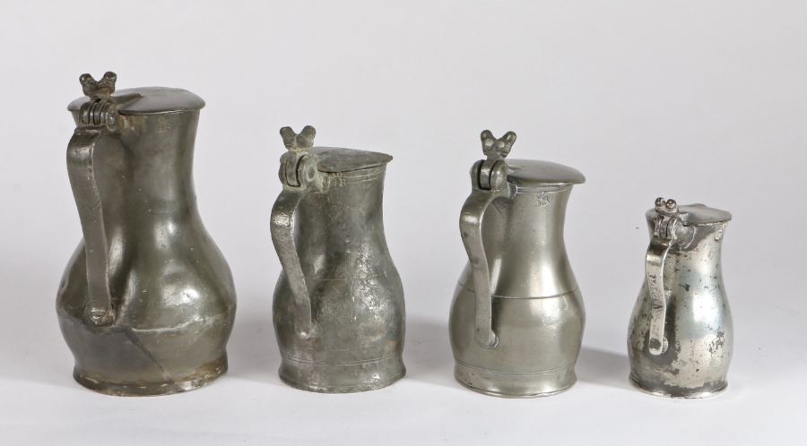A group of four 18th century pewter Jersey lidded measures, circa 1790-1830 To include a pint - Image 2 of 2