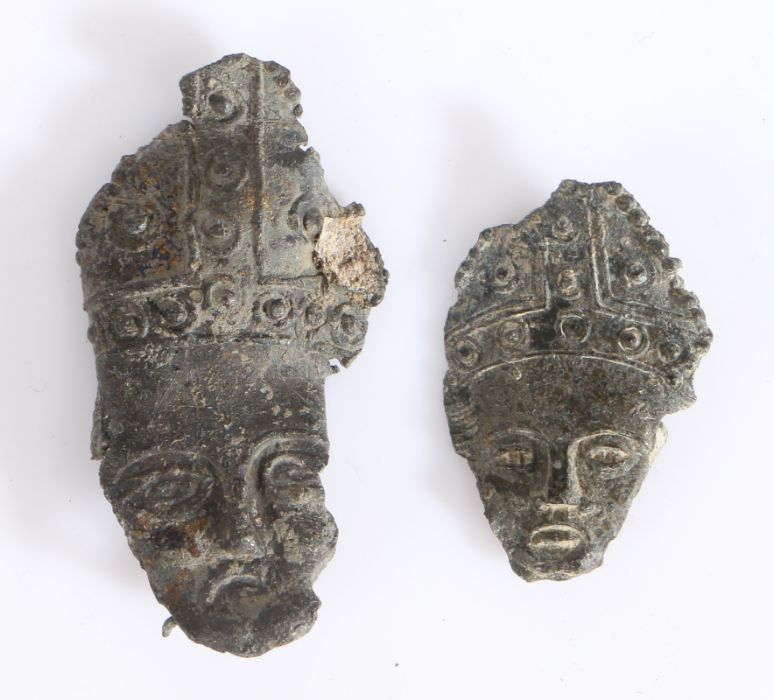 Two 14th century pewter pilgrims' badges, each designed as the head of St. Thomas Becket,  wearing - Image 2 of 2