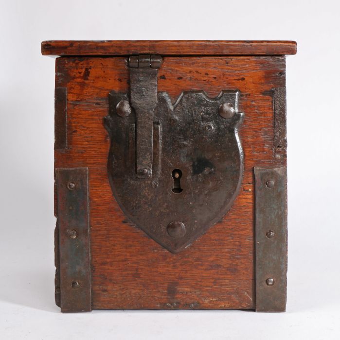 An early 17th century oak and iron-bound alms box, English, circa 1620, of show dove-tail boarded - Image 2 of 4