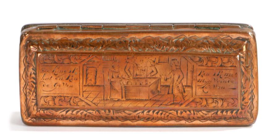 An 18th Century Dutch copper snuff box with of the period English naming, the box with tavern scenes