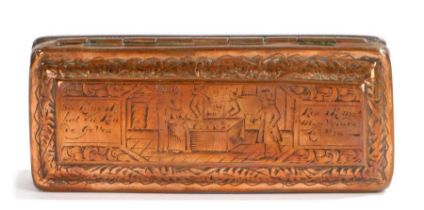 An 18th Century Dutch copper snuff box with of the period English naming, the box with tavern scenes