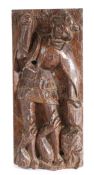 An interesting 16th century oak carved panel, depicting St.George slaying the dragon,  10cm wide,