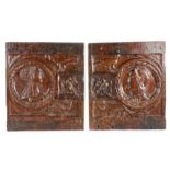 A good pair of  early 16th Century oak door panels, circa 1530, each carved with a Romayne-type