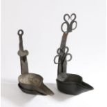 Two 19th Century iron Cruise oil lamps, the first with looped design repeated to both dishes, 28cm