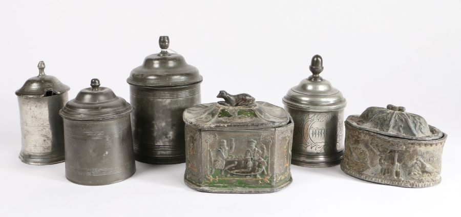 Six 19th century pewter/lead tobacco box and covers Four of circular form, three with an acorn knop, - Image 2 of 2