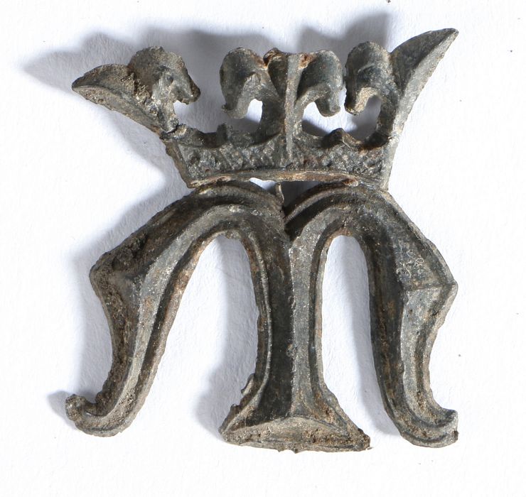 A 14th/15th century pewter pilgrim's badge, designed with a letter 'M' below a crown, 32mm high - Image 2 of 2