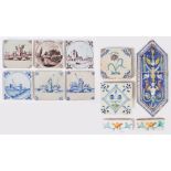 A collection of 18th century Delft tiles, to include: three in Manganese with buildings and rivers,