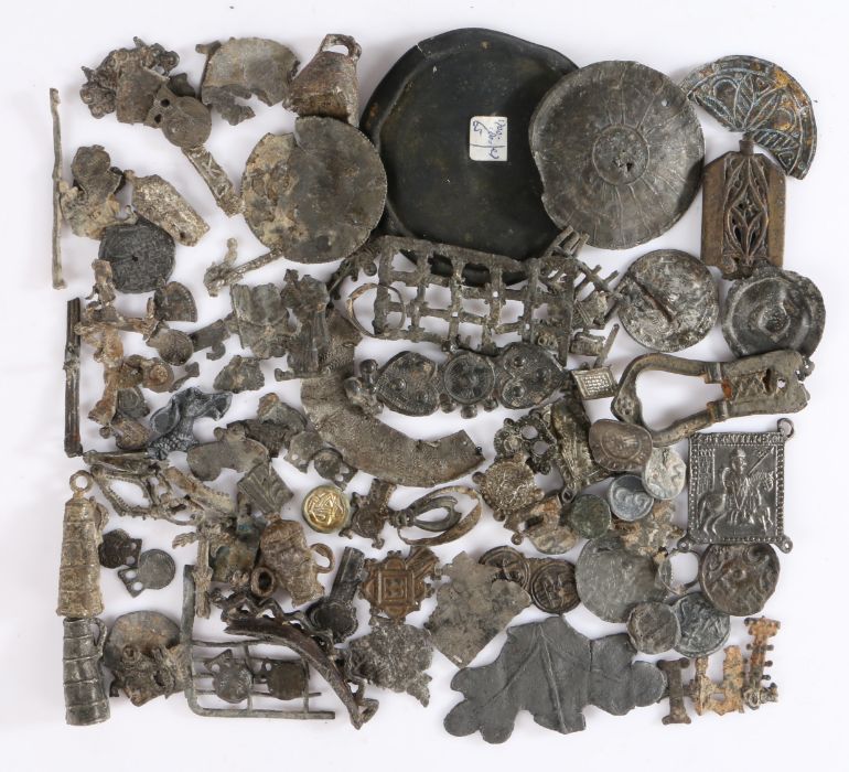 A large collection of Medieval pewter pilgrim's badge fragments, together with a 17th century toy - Image 2 of 2