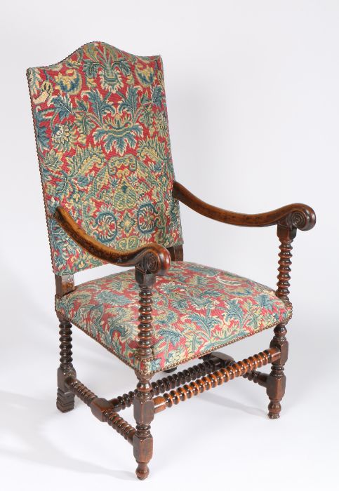 A 17th century fruitwood and needlework upholstered open armchair, Flemish, circa 1680-1700, the - Image 3 of 3