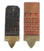 Two 19th century brass and leather mounted Fellowship Porter badges, the first engraved  'Jas C