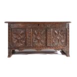 A rare Elizabeth I oak coffer, circa 1580, with triple panelled  top, the front of  three panels,