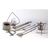 A collection of 18th century and later domestic metalware, to include a chimney crane, a cauldron,