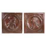 A good pair of  Henry VIII oak Romayne-type portrait panels, circa 1530, each with a carved bust