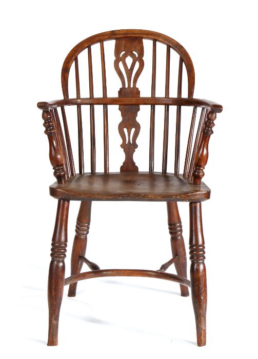 A mid-19th century yew, ash and elm Windsor armchair, North East Midlands, the hooped back above a - Image 3 of 3
