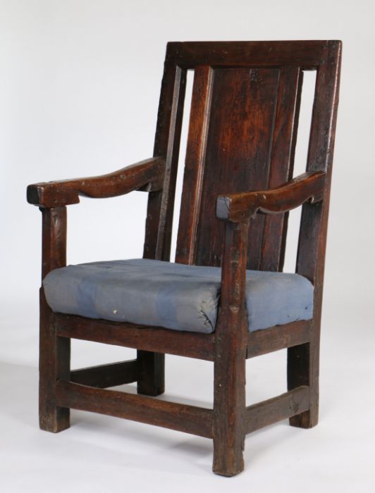 A joined oak panel-back open armchair, Welsh, circa 1700, having a plain back panel inset between - Image 4 of 4