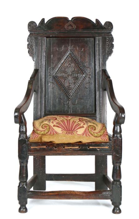 Charles II joined oak panel-back open armchair, Yorkshire, circa 1670, the back panel carved with - Image 2 of 6