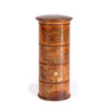 A treen spice tower, English, circa 1830, of typical lidded form with four tiers, labels for '