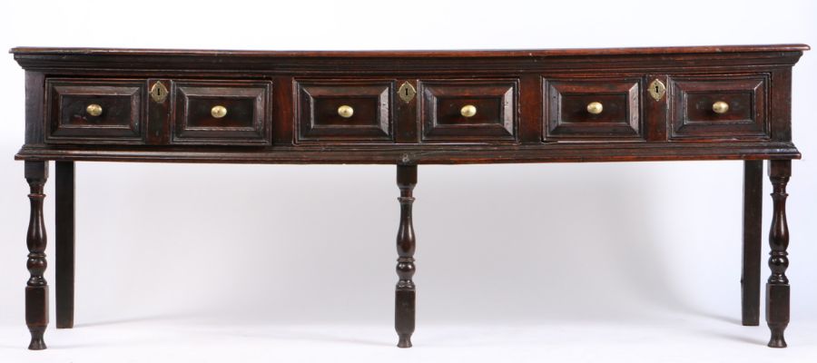 A good Charles II oak low dresser, circa 1680, the long rectangular top above three paired - Image 2 of 2