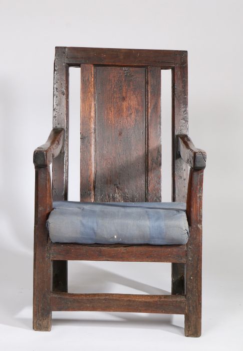 A joined oak panel-back open armchair, Welsh, circa 1700, having a plain back panel inset between - Image 2 of 4