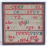 A Victorian needlework sampler, by Ellen Noble aged 11, 1894, with upper and lower case alphabets