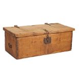 16th Century boarded elm box, having a rectangular one-piece top with iron hinges, opening to reveal