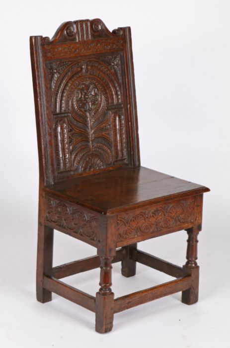 An uncommon Charles I box-seat closed-back side chair, Lancashire, circa 1630-40, the well-carved - Image 4 of 8