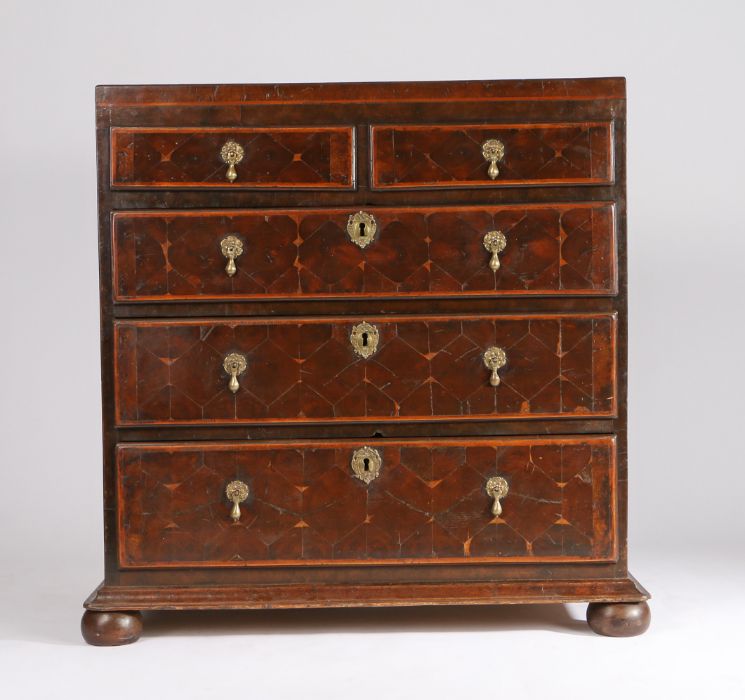 William and Mary oyster veneered chest of drawers, the rectangular cross banded burr edge top