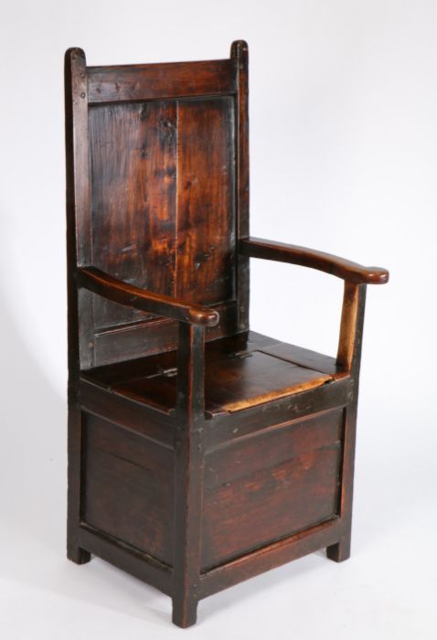 An early 18th century oak and fruitwood box-seat armchair, English/Welsh, circa 1700-30, with - Image 3 of 4