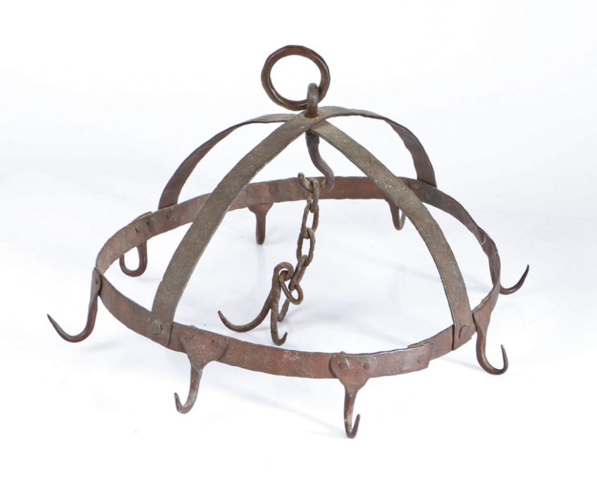 A wrought iron game hanger, designed as a crown with eight hooks, centred by a chain with a further - Image 2 of 2