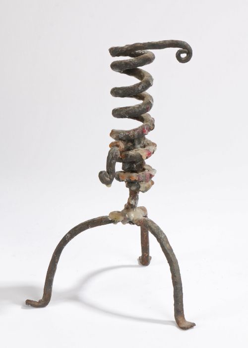 A 19th century wrought iron candlestick, French, with coiled stem and tripod base, 24cm high - Image 2 of 2