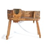 An unusual and rare 19th century elm Besoms work bench, the rectangular-shaped thick top with a