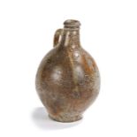 A 17th century stoneware pottery bellarmine jug, speckled glaze with six impressed shields to the
