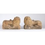 A fabulous pair of late 15th century, or possibly earlier, carved sandstone animals, a lion and