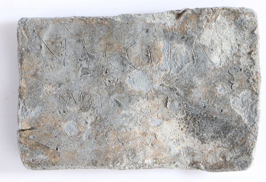 An intriguing small Roman lead 'curse' panel, etched with a written curse, 60mm long, 40mm high - - Image 3 of 3