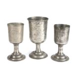 A pair of George III pewter chalices, circa 1770 OEWS half-pint, each with ‘tulip’-shaped bowl