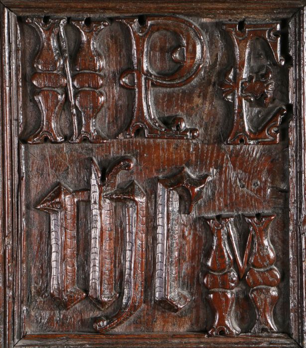 A well-carved oak headboard, of three early 16th Century panels, Welsh Borders A lion above a rose - Image 2 of 5