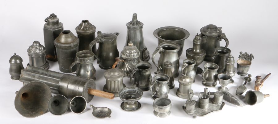 A miscellaneous group of mostly 19th century pewter To include ice moulds, pepperette, Welsh hat, - Image 2 of 2