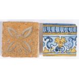 A 14th century tile, sand-coloured and with impressed quatrefoil design, 13.5cm wide, together with