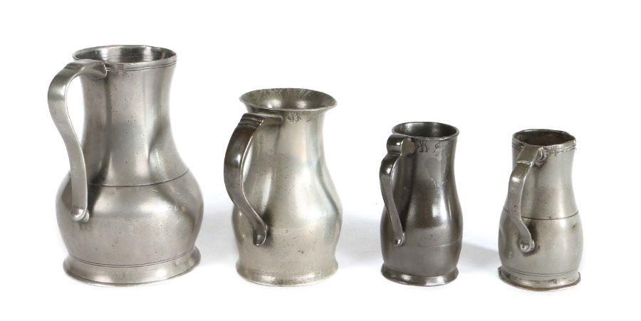 Four pewter lidless Jersey measures, circa 1790-1820 To include a good OEWS pint example, with