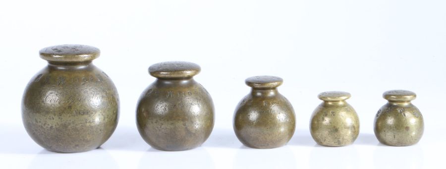 A Victorian set of graduated brass weights, 7lb, 4lb, 2lb, 1lb, 1lb, of globular form, marked in - Image 2 of 2