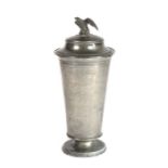 A large pewter lidded beaker, North German, dated 1845 The tapering drum elaborately inscribed,