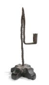 An interesting George III wrought iron and timber table rush light and candle holder, circa 1800,