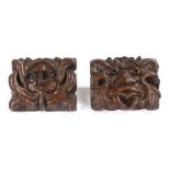 Two early17th century oak panels, English, circa 1600, each carved with a  Green Man mask, 16.5cm