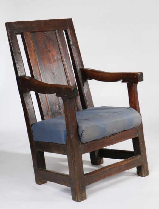 A joined oak panel-back open armchair, Welsh, circa 1700, having a plain back panel inset between - Image 3 of 4