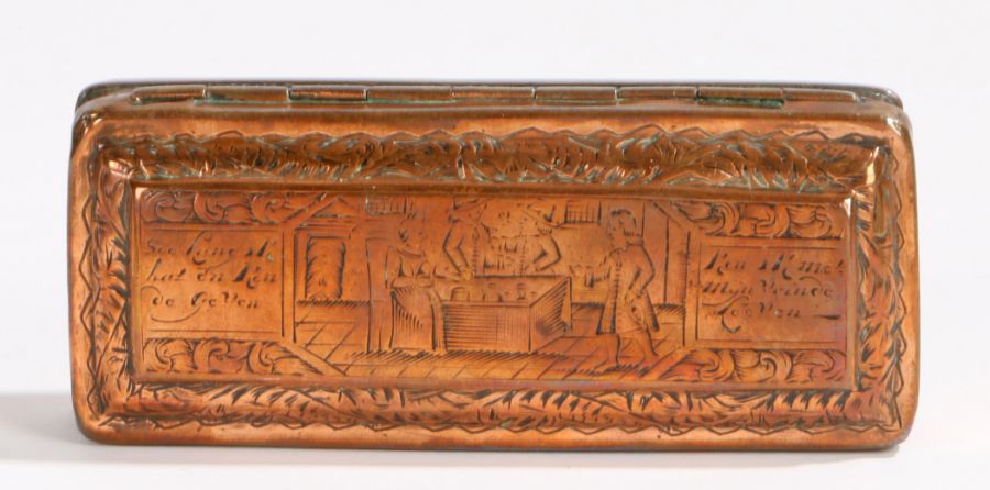 An 18th Century Dutch copper snuff box with of the period English naming, the box with tavern scenes - Image 2 of 2