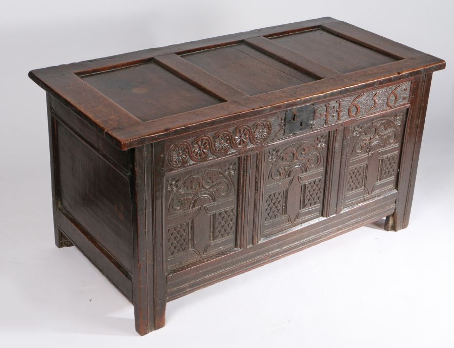 A Charles I oak coffer, dated 1636, with triple-panelled lid, the front of three panels, each - Image 3 of 3