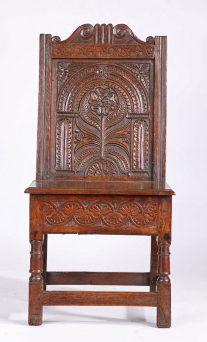 An uncommon Charles I box-seat closed-back side chair, Lancashire, circa 1630-40, the well-carved - Image 3 of 8