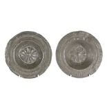 Two 17th century pewter punch-decorated ‘spice’ plates Each having a geometric decorated rim,