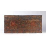 A rare 18th century Tibetan monastery chest Of boarded deal construction, with iron angle-straps,