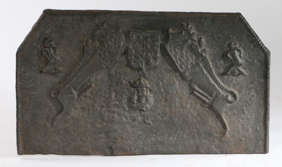 A good cast iron fire back, probably mid-16th century, Weald, Sussex, of rectangular form with - Image 2 of 2